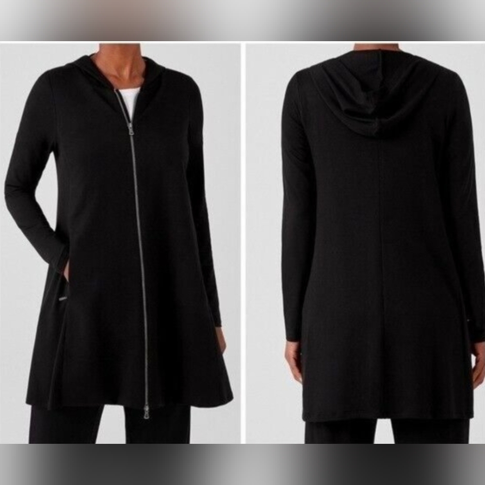 Eileen Fisher Black Cotton Terry Long Zip Jacket